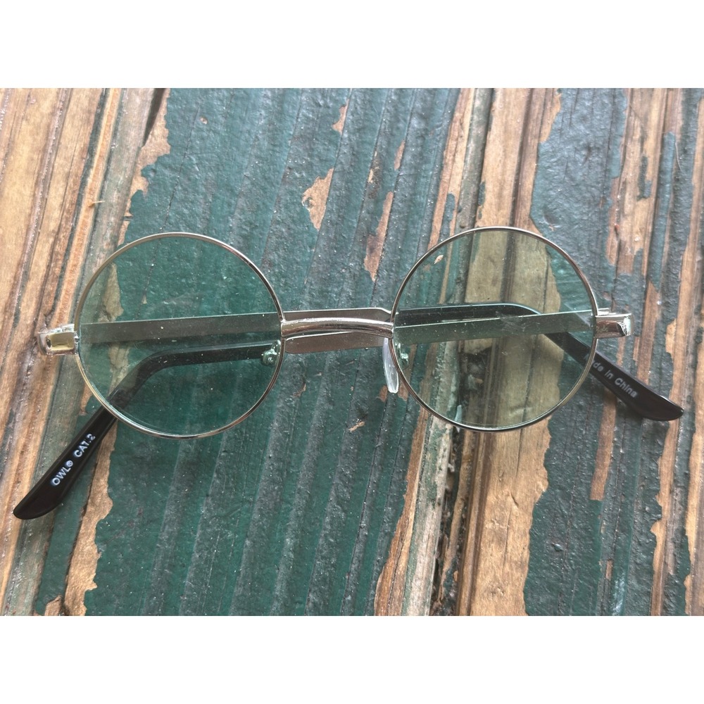 OWL Round Sunglasses Silver Metal Frame Green Tinted Lens Vintage Style A3109